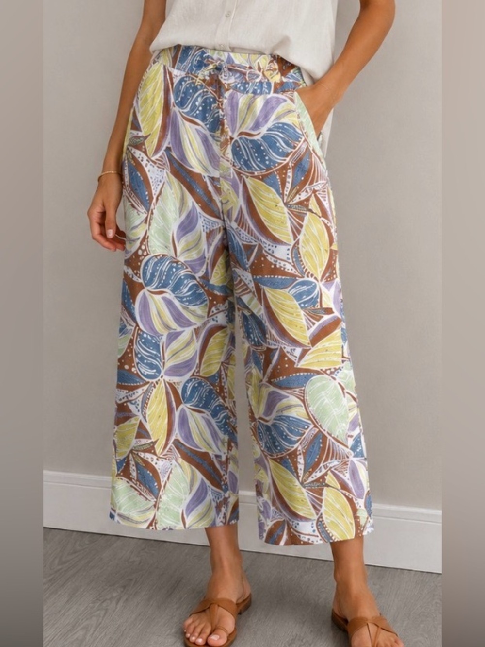 C&C California Linen Pants Crop Flowy Maxi Resort Island Hawaii Wide Leg Pockets